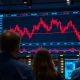 Trading floor display showing falling red cryptocurrency stock charts