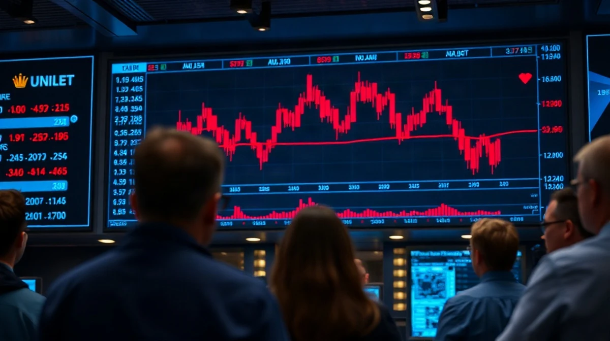 Trading floor display showing falling red cryptocurrency stock charts