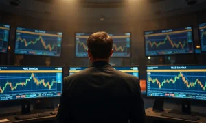 Trader at a multi-monitor desk watching cryptocurrency price charts at night