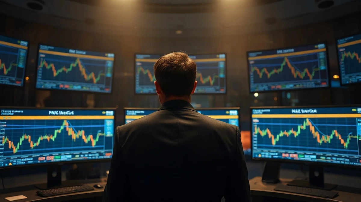 Trader at a multi-monitor desk watching cryptocurrency price charts at night