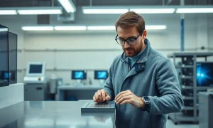 Engineer inspecting a semiconductor wafer in a clean energy research laboratory