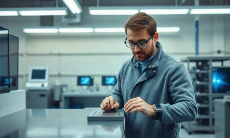 Engineer inspecting a semiconductor wafer in a clean energy research laboratory
