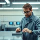 Engineer inspecting a semiconductor wafer in a clean energy research laboratory