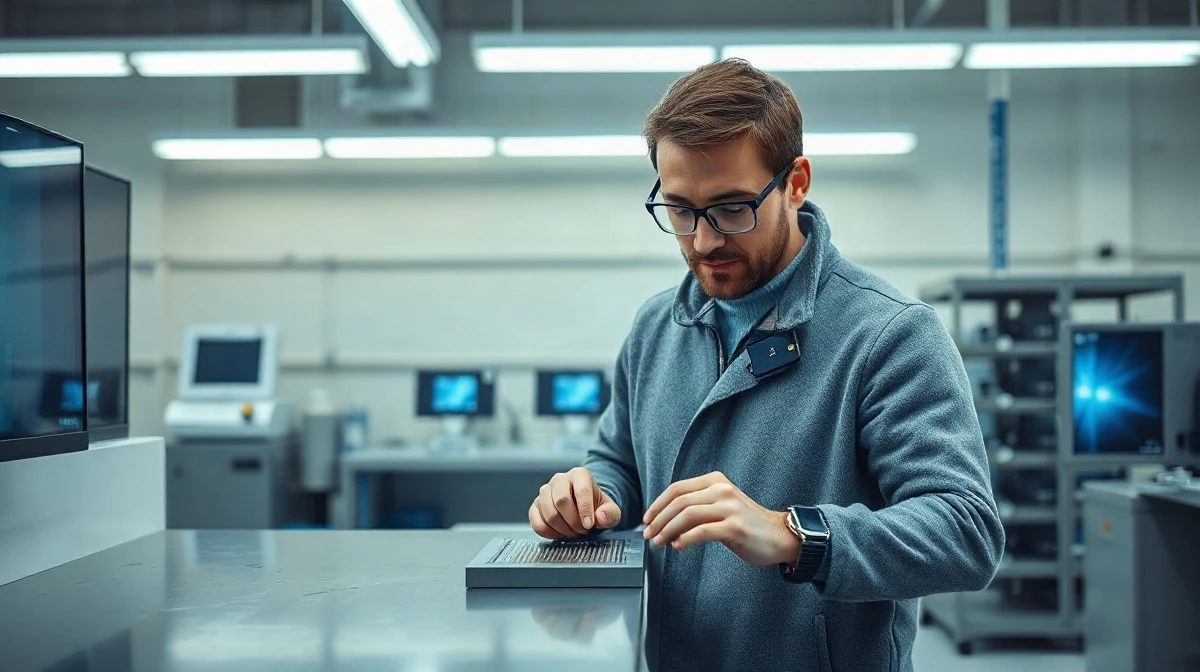 Engineer inspecting a semiconductor wafer in a clean energy research laboratory