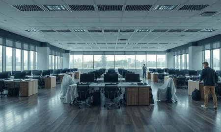 Empty office desks at Campbell's headquarters after workforce reduction