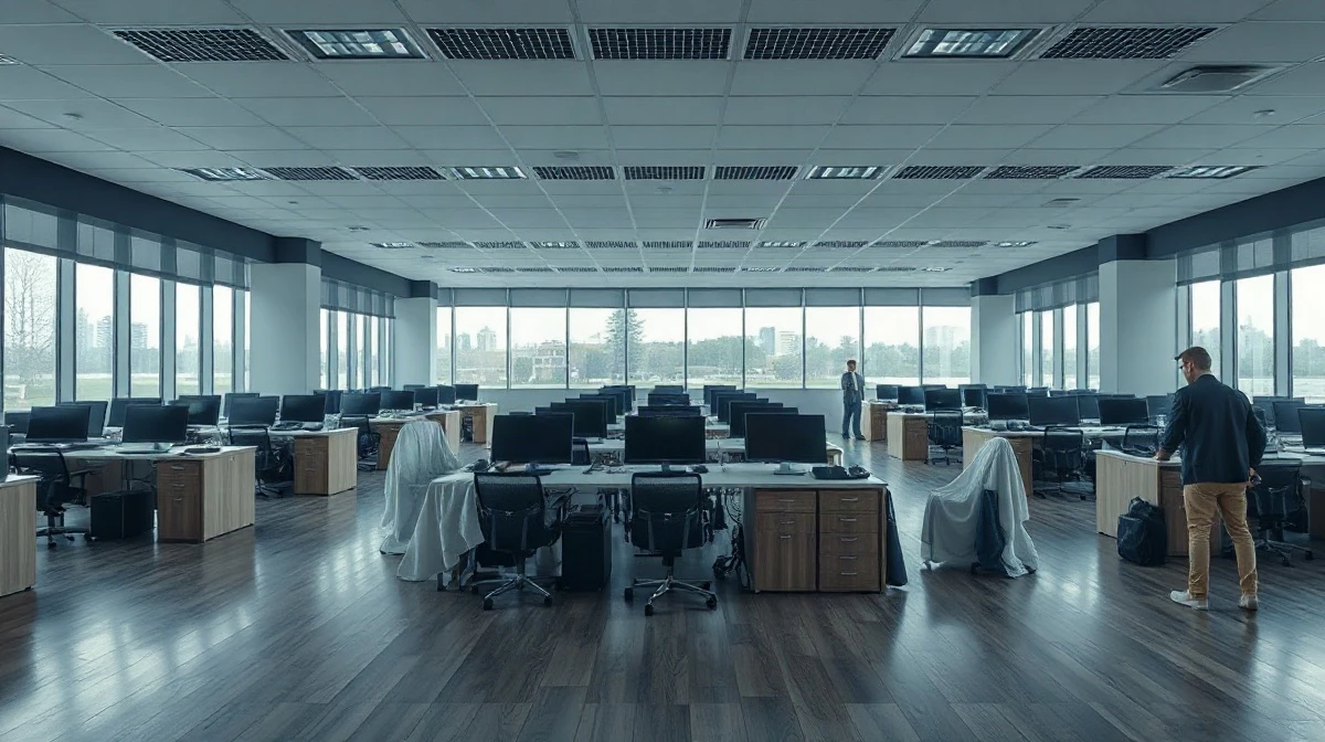 Empty office desks at Campbell's headquarters after workforce reduction