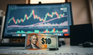Canadian and US dollar banknotes on a desk with a currency chart in the background