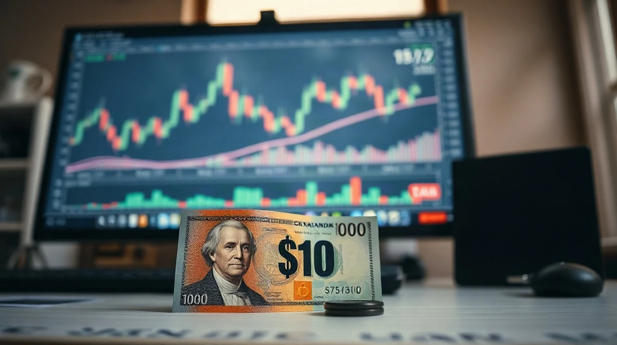 Canadian and US dollar banknotes on a desk with a currency chart in the background