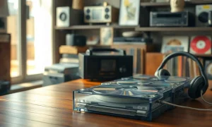 Stack of CDs and a portable CD player on a wooden table, illustrating the retro music comeback.