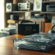 Stack of CDs and a portable CD player on a wooden table, illustrating the retro music comeback.