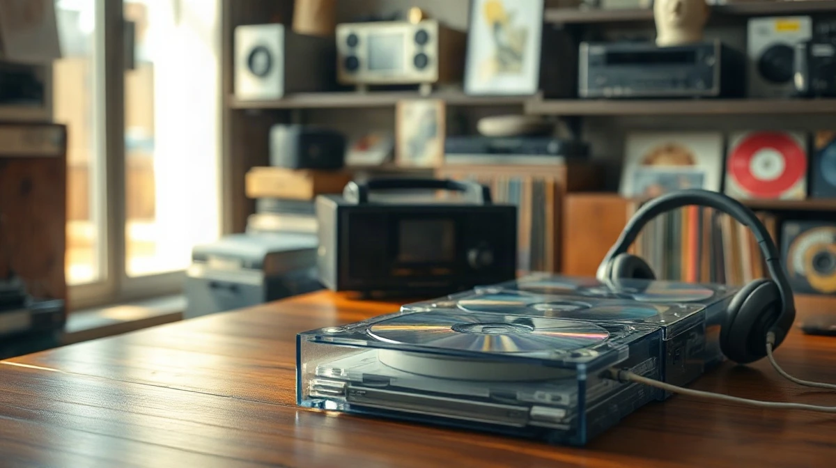 Stack of CDs and a portable CD player on a wooden table, illustrating the retro music comeback.