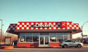 Exterior of a Checkers fast-food restaurant with a car at the drive-thru menu board.