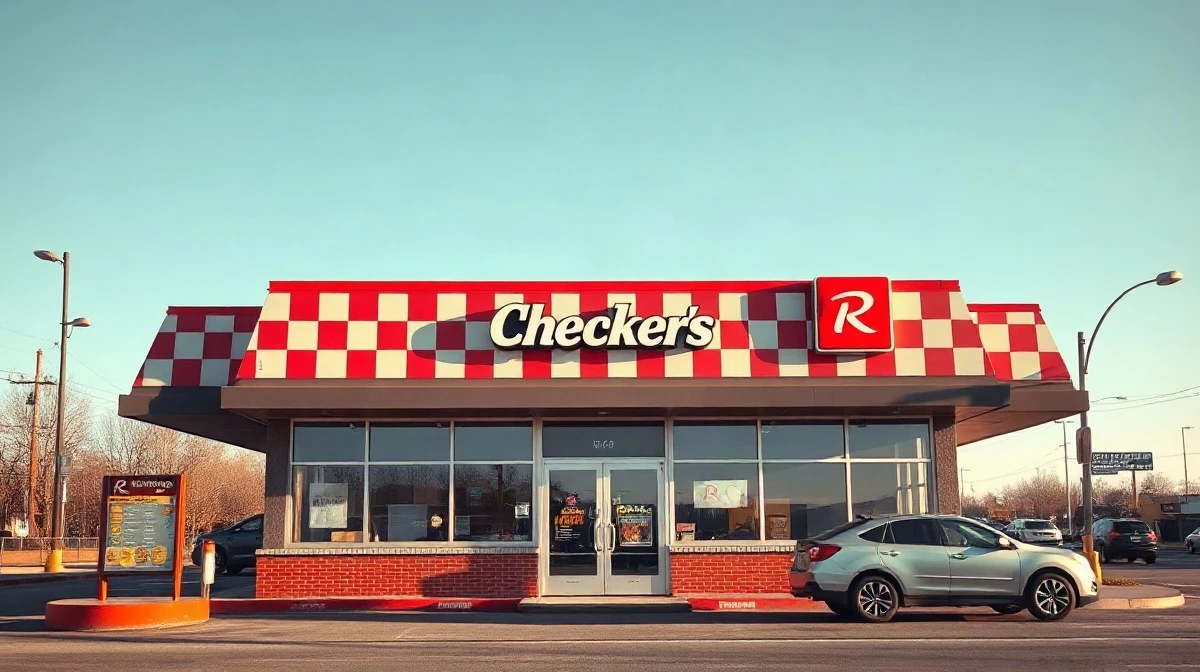 Exterior of a Checkers fast-food restaurant with a car at the drive-thru menu board.