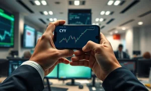 Analyst monitoring Chinese yuan exchange rates on a smartphone in a financial office