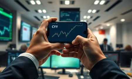 Analyst monitoring Chinese yuan exchange rates on a smartphone in a financial office