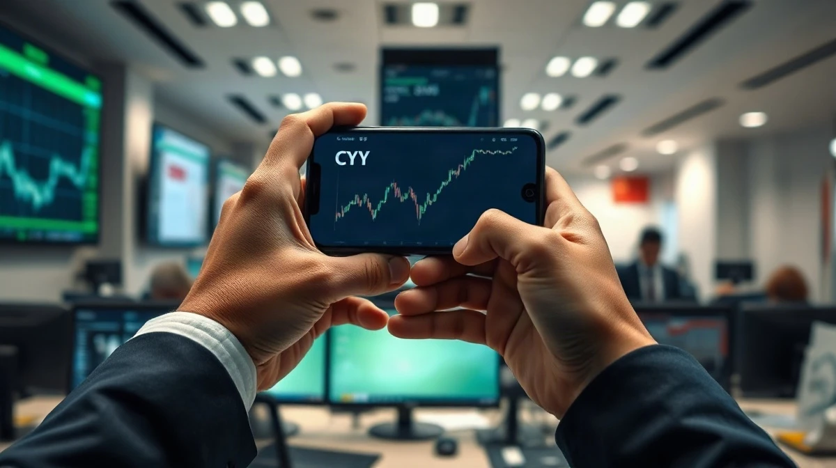 Analyst monitoring Chinese yuan exchange rates on a smartphone in a financial office