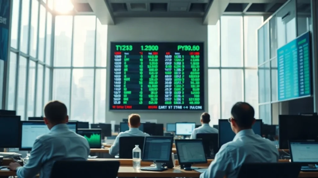 Traders watch green stock index numbers rise on a bright exchange ticker board.