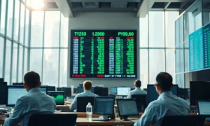 Traders watch green stock index numbers rise on a bright exchange ticker board.