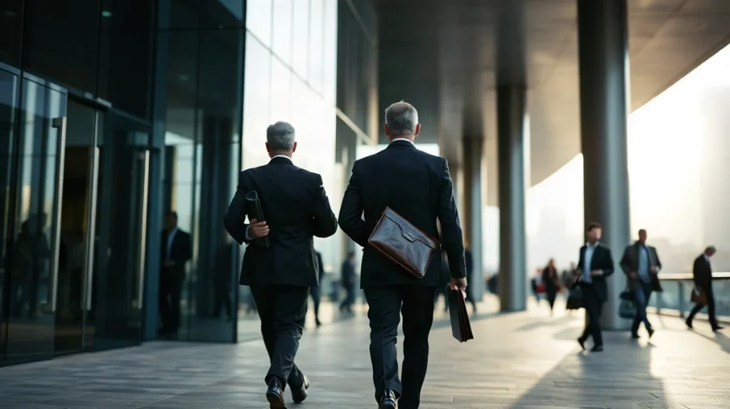 Two City professionals in suits leaving a Canary Wharf office building