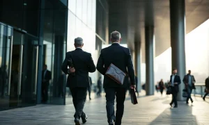 Two City professionals in suits leaving a Canary Wharf office building