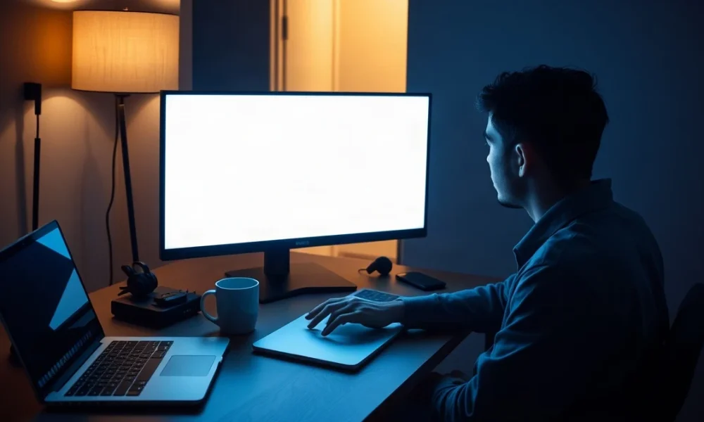 Person at a dimly lit desk looking at two open laptops showing a checkbox page