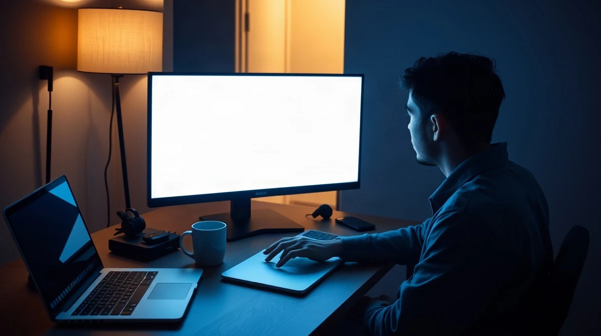 Person at a dimly lit desk looking at two open laptops showing a checkbox page