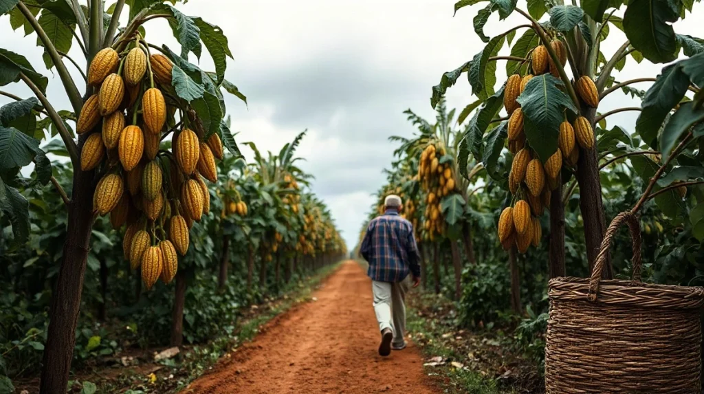 Cocoa farmer carrying harvested pods along a muddy plantation path under overcast West African skies