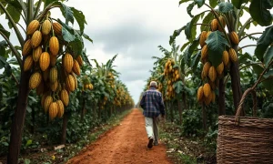 Cocoa farmer carrying harvested pods along a muddy plantation path under overcast West African skies