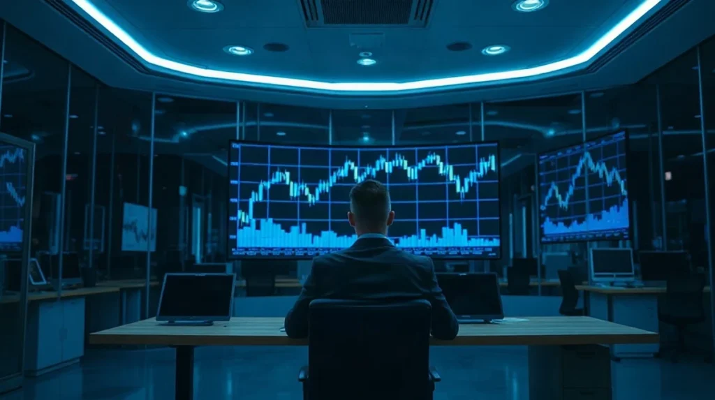 Coinbase derivatives trading desk with market charts on a large monitor at night