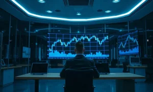 Coinbase derivatives trading desk with market charts on a large monitor at night