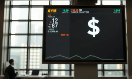 Digital currency exchange board showing Yen and US Dollar symbols in a Tokyo financial district.