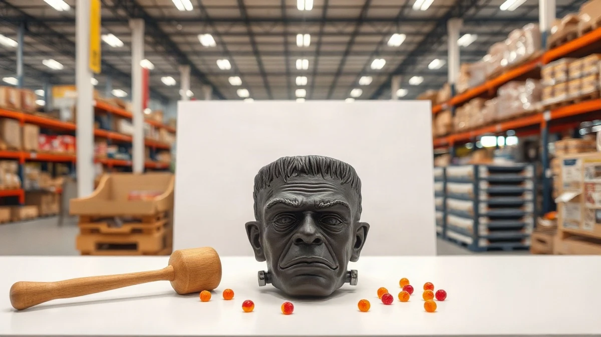 Chocolate Frankenstein head sold at Costco with mallet and gummy candies