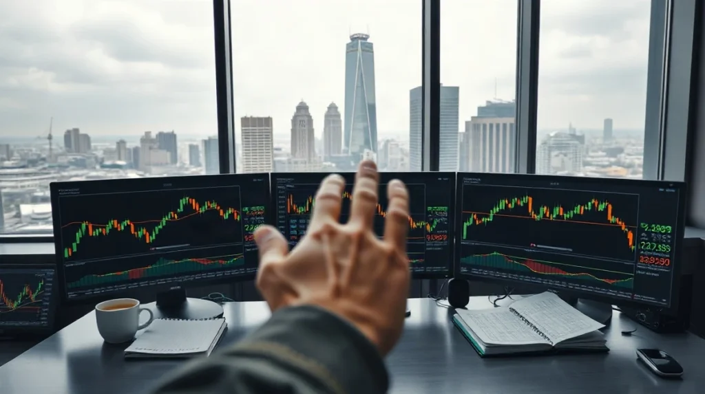 Crude oil futures trading desk with price charts on monitors and a trader reviewing data