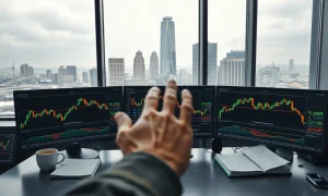 Crude oil futures trading desk with price charts on monitors and a trader reviewing data