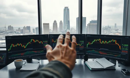 Crude oil futures trading desk with price charts on monitors and a trader reviewing data