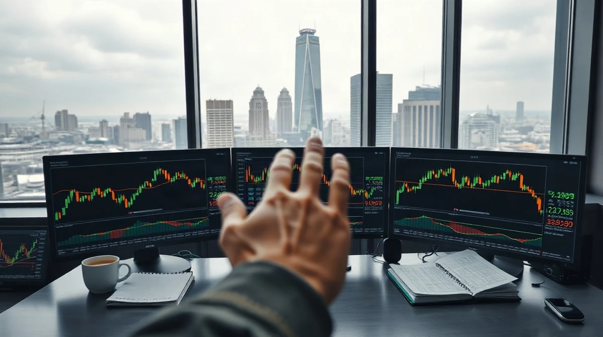 Crude oil futures trading desk with price charts on monitors and a trader reviewing data