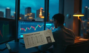 Trader at a multi-monitor desk reviewing a closed-end fund's share price chart and dividend schedule