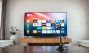 TV streaming interface with a scale of justice in foreground, symbolizing antitrust review of Fox-Roku deal