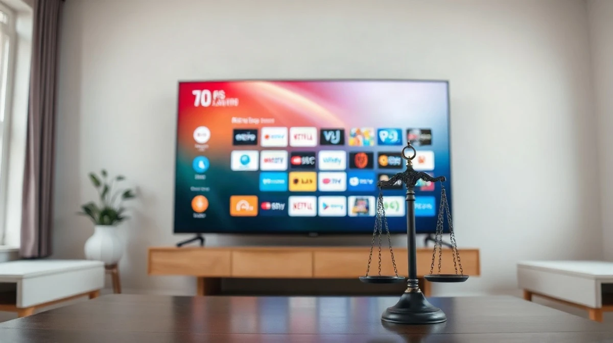 TV streaming interface with a scale of justice in foreground, symbolizing antitrust review of Fox-Roku deal