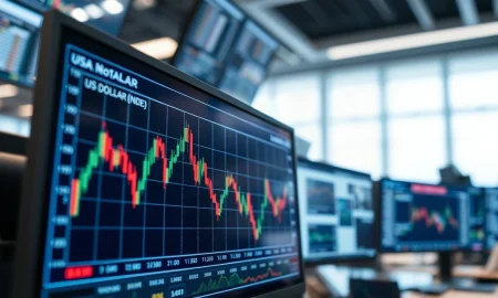 US Dollar index chart on a trading screen with financial news headlines in the background