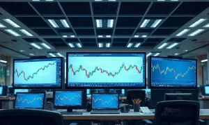 Foreign exchange trading monitors showing currency charts and market data