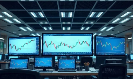 Foreign exchange trading monitors showing currency charts and market data