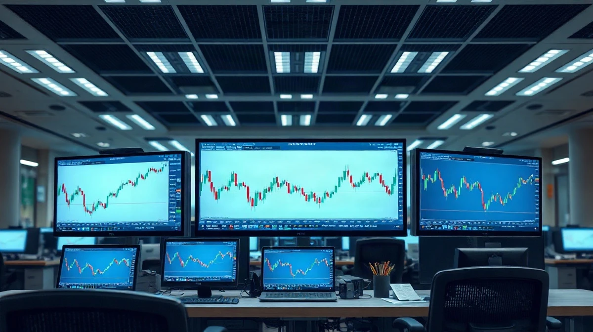 Foreign exchange trading monitors showing currency charts and market data