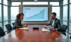 Enterprise executives reviewing declining revenue charts in a modern boardroom