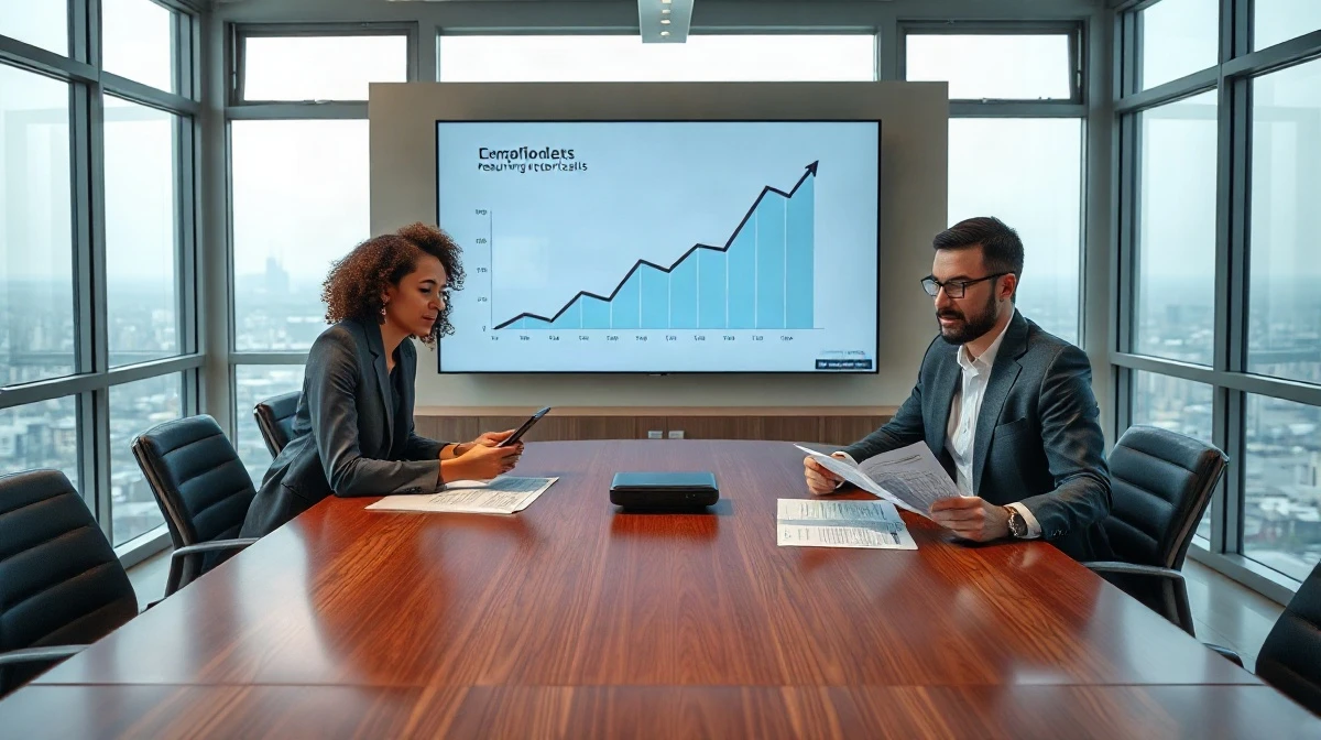 Enterprise executives reviewing declining revenue charts in a modern boardroom