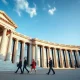 People walking toward a European institutional building in Brussels, where EU Inc statute negotiations are underway
