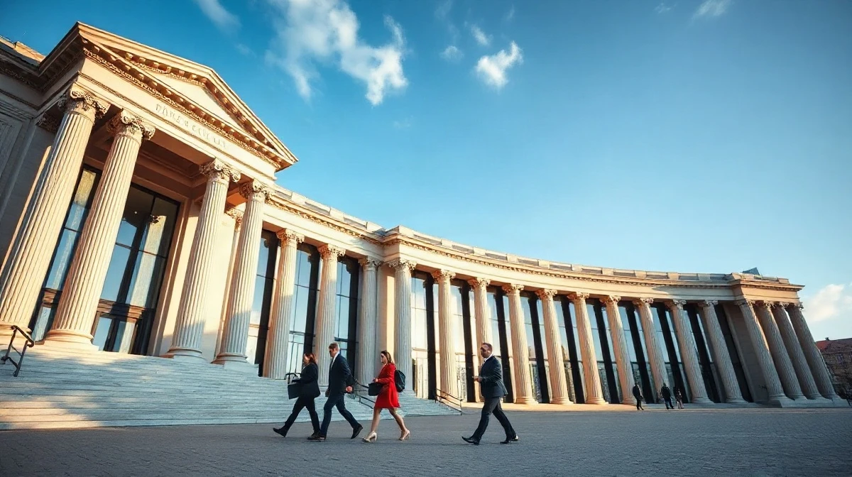 People walking toward a European institutional building in Brussels, where EU Inc statute negotiations are underway