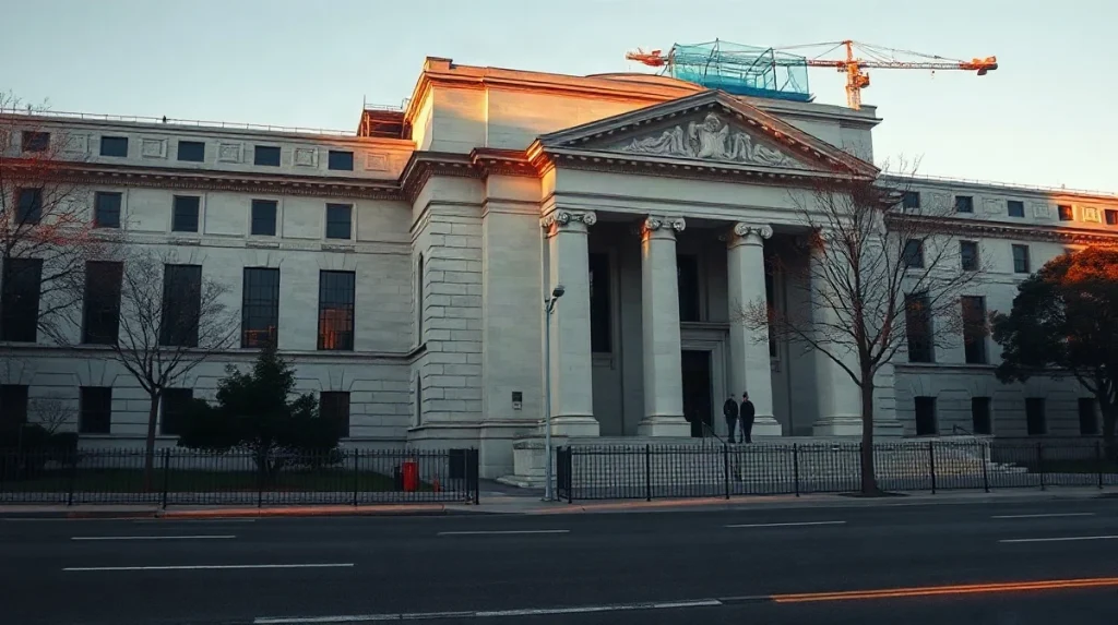 Federal Reserve headquarters building in Washington DC with construction scaffolding along the facade