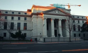Federal Reserve headquarters building in Washington DC with construction scaffolding along the facade