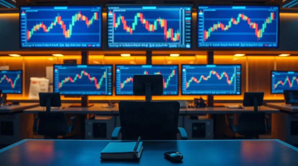 Trading desk with three monitors showing abstract charts after a heavy options session